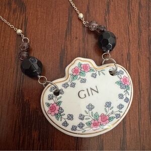 GIN Ceramic Decanter Tag Necklace Vintage Assemblage Jewelry
